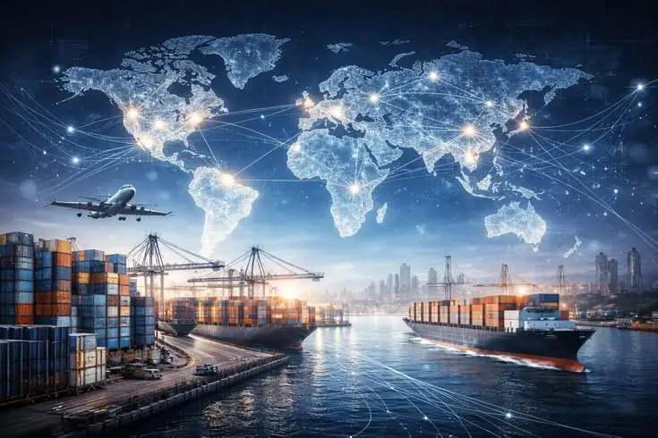 Shipping containers at a busy international port representing global trade